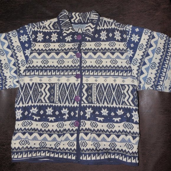 Vintage 90's Jane Ashley Button Up, Collared, Southwestern Blues Tapestry Jacket - Picture 2 of 8
